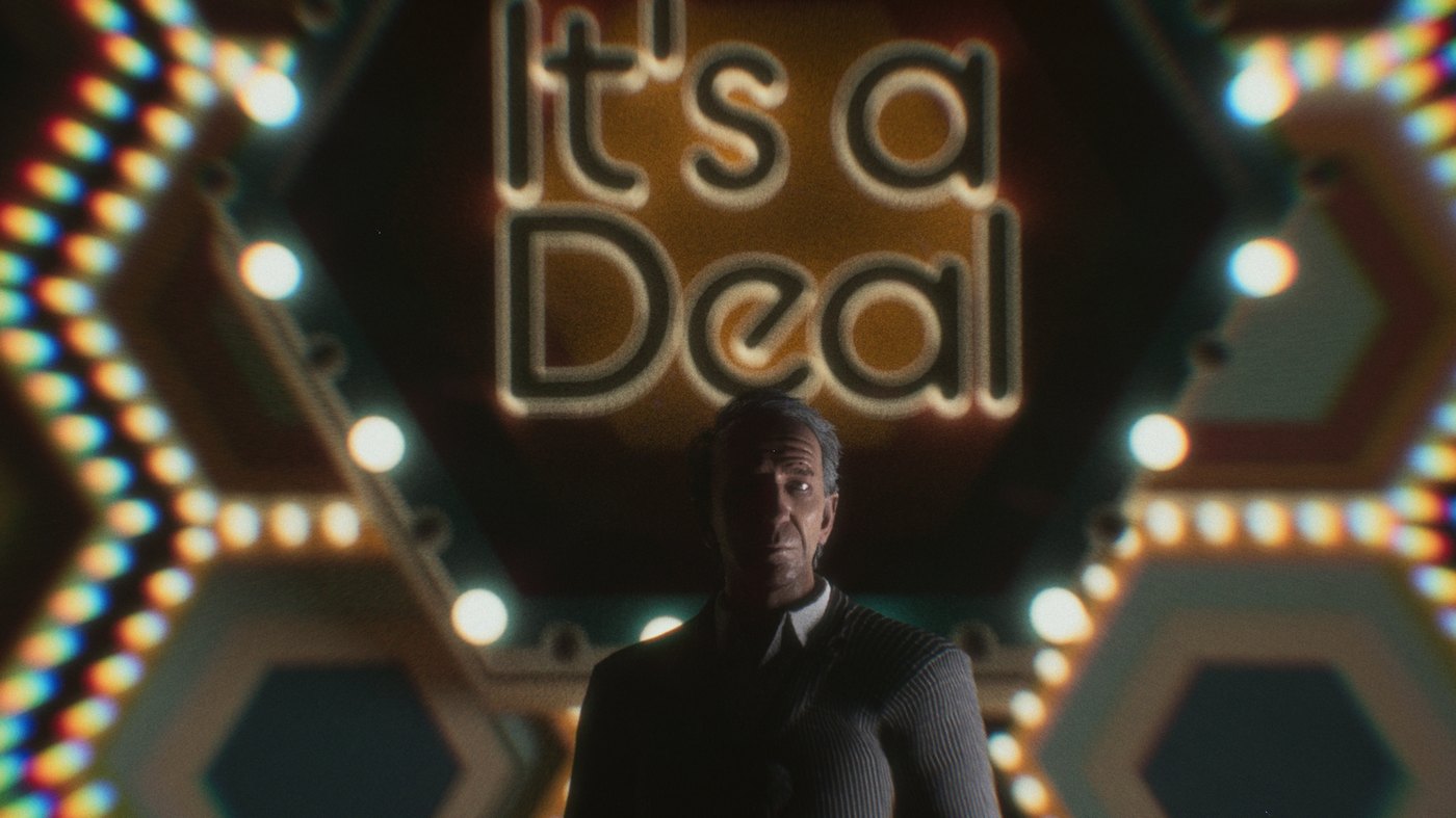 Flipcrash — still: a game-show host under an 'It's a Deal' sign